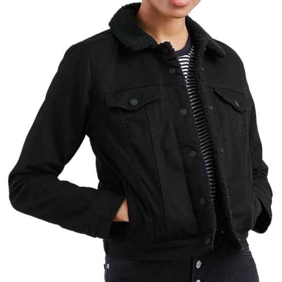 Levi’s Women's Black Sherpa-Lined Denim Trucker Jacket XL - Picture 1 of 8